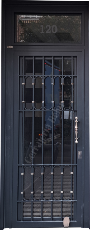Puerta con barrotes metálicos frente a un cristal Puerta con barrotes metálicos frente a un cristal