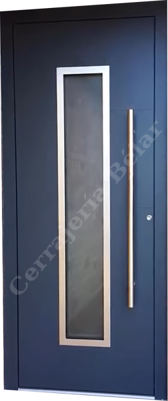 Puerta de chapa con cristal central bordeado con acero inoxidable Puerta de chapa con cristal central bordeado con acero inoxidable