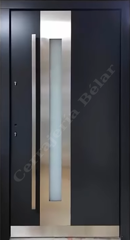 Puerta de chapa con cristal vertical rodeado de acero inoxidable Puerta de chapa con cristal vertical rodeado de acero inoxidable